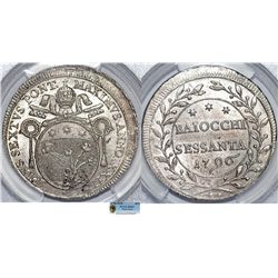 Italian Papal States. Vatican. Pope Pius VI (1775-1799). 60 Baiocci 1796. PCGS MS63. RARE
