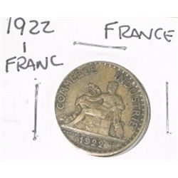 1922 FRANCE 1 FRANC *NICE EARLY EXTRA FINE GRADE* COIN!! COIN CAME OUT OF SAFE!!