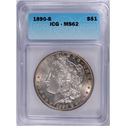 1890-S MORGAN SILVER DOLLAR, ICG MS-62