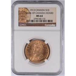 1913 $10 CANADIAN GOLD, NGC MS64 UNPRICED IN CATALOG IN MS-64!  RARE
