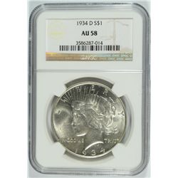 1934-D PEACE DOLLAR NGC AU-58