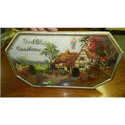 247) Vintage convex glass "God Bless Our Home" print