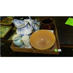 291) Box of glassware with pottery, porcelain, bean pot