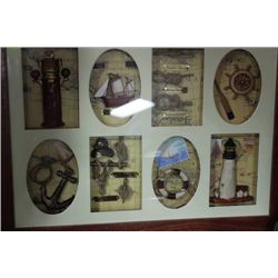 VINTAGE 3-D INLAY PICTURE OF BOATS,MAP ETC 18"X23"