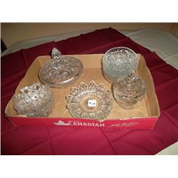 Asssortment of pressed glass candy dishes. 10 items.