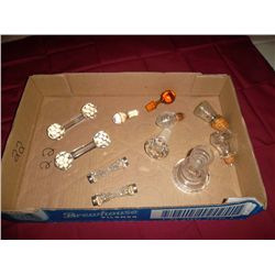 Cut glass knife rests 2;  glass stopeers 6  Cut glass base 1