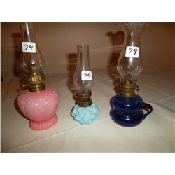 Miniature oil lamps: 1 cobalt blue; 1 turquoise glass; 1 pink glass