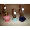 Image 1 : Miniature oil lamps: 1 cobalt blue; 1 turquoise glass; 1 pink glass