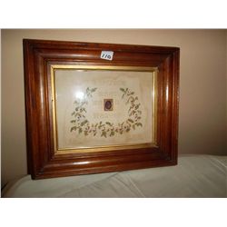 1876 Needlepoint with picture in centre  "Dear Uncle Meet Me In Heaven"