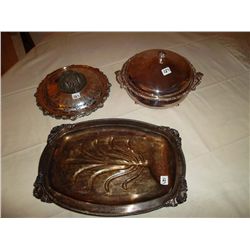 Silver trays ; 1 glass with silver etching flower holder and 1 silver serving bowl