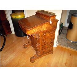 Davenport desk. Burl front with inlay.  Leather writing surface. Ink wells inside