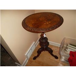 Walnut round hall table. Inlaid. 3 legged hoof foot