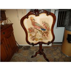 Victorian Firescreen. Fine needlepoint embrodery of parrot and flowers on pedestal