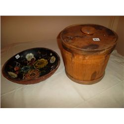Painted wood bowl & wooden bucket