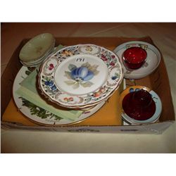 Collection of china and cranberry glass