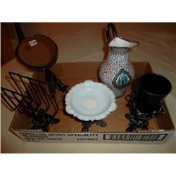 Black bathroom set (mirror, glass holder etc.) and enamel pitcher