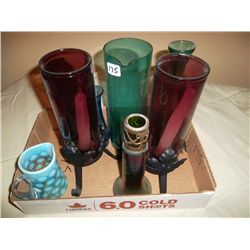 Collection of glass bottles, vases and candle holders