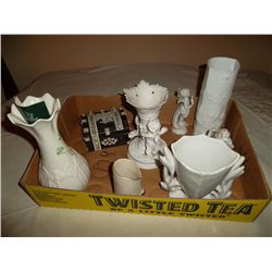 Buffalohorn pocket watch casket etched flowers and leaf &ivory banding; white vases; candle holders