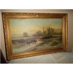 Oil on canvas. "Cows in stream" .  Artist E.Thornber  19"by 29"