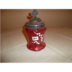 Cranberry glass cruet and lid