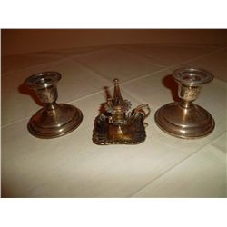Pair of silver candle sticks and 1 chamber stick