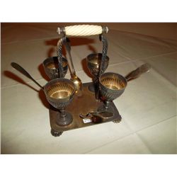 Silverplate hard boiled egg serving set "eggery"; sterling silver spoons