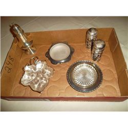 Sterling silver sugar shaker and miscellaneous silver. Salt and pepper/ butter dishes etc.