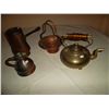 Image 1 : Collection of copper and brass: 1 brass tea pot; copper tongs etc.