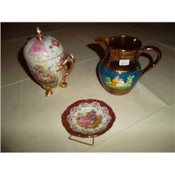 Collection of China: Pitchers; miniature plate (limoges); sugar container etc.