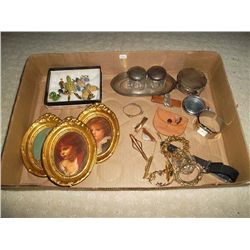 Assortment of ink wells; miniatures (prints) etc.