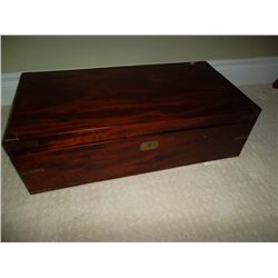 Victorian mahogany writing slope/box with brass corners & brass inlaid handles on side. Leather writ