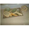 Image 1 : Bakelite dressing table accessories.  Tray; mirrors; clock