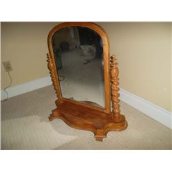 Applewood shaving mirror for chest top. Twisted spindle mirror holder.