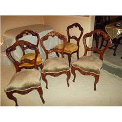Side chairs 5. Carved to match settee #345. Two gold covered and three green. Circa 1840
