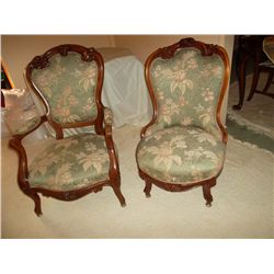 Walnut carved mother and father chairs carved to match settee and side chairs. Circa 1840