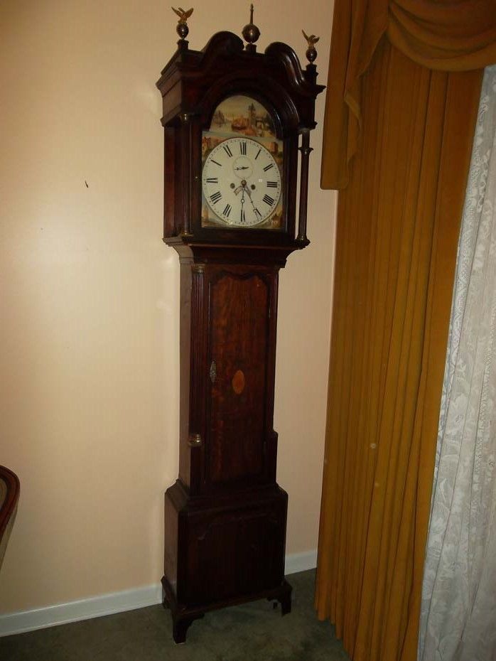 Grandfather Clock Painted Face German Rhine Scene English Works Early grandfather-clock-painted-face-german-rhine-scene-english-works-early