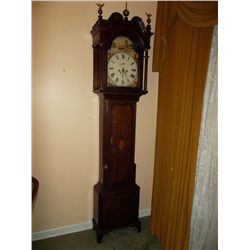 Grandfather clock. Painted face German Rhine scene. English works early 1800