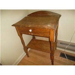 Oak side table with porcelain drawer knobs (some damage on top)