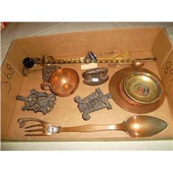 Copperware and miniature iron and trivet and candle snuffers
