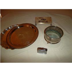Collection of silver Platter, planter, lighter and cigarette case