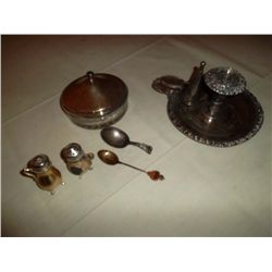 Collection of silver candle holder; butter dish etc.