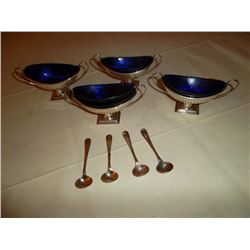 Sterling silver open salt cellars with blue liners set of 4 Sheffield 1889