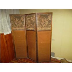 Screen or room divider Burlap on bottom; tapestry on upper