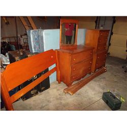 Maple bedroom set 1940's Head board, foot board; mirror; chest of drawers and high chest of drawers
