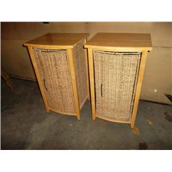 Pair of wicker and pine night stands