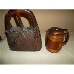 Wooden cattle bell 19th century and wooden beer stein and ice bucket with bar tools