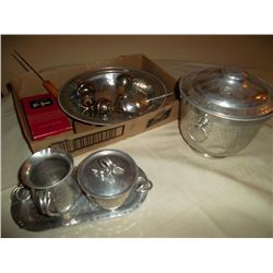 Aluminum ice bucket; art deco drink "jiggers" and assorted aluminum ware.