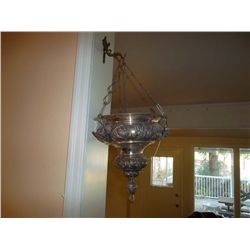 Canadian silver (oil burning) Sanctuary Lamp. Cone shaped with angel head fittings. 11" in outside d