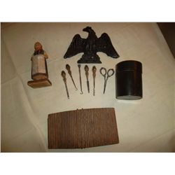 Wood sculptures; sterling silver 5 piece set in wooden cylindrical box Edwardian. Circa 1910. Button