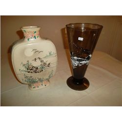 Hand painted smoked glass vase; 1 Asian vase